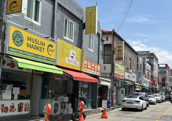 고려인마을에 들어서면 낯선 외국어 간판과 한국어 간판이 혼재돼 있어 이색적인 느낌을 준다  .