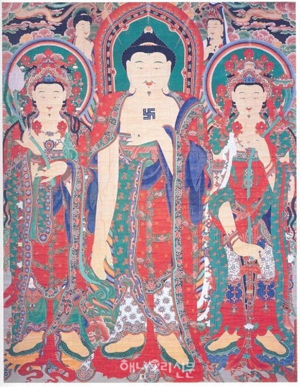 대흥사는 오는 3월22일 야외에 대형괘불을 걸어놓고 지냈던 옛 전통방식 천도재를 재현한다.(대흥사 영산회 괘불탱화)