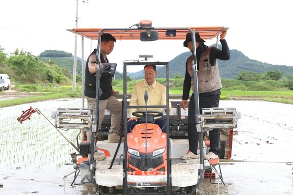 명현관 군수가 AI 를 기반한 자율주행으로 모내기를 시연하고 있다.