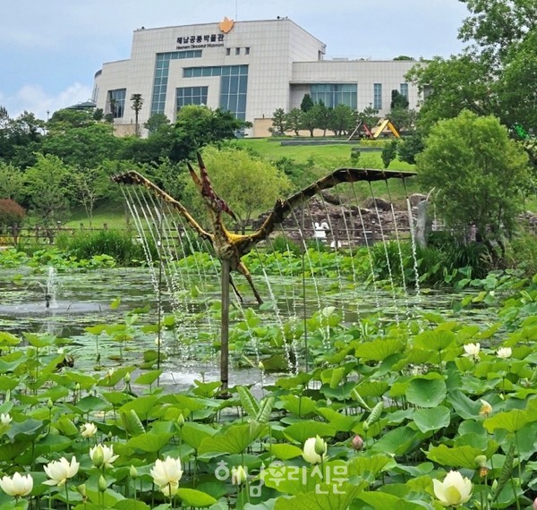                  해남공룡박물관 연못에 연꽃과 어룡이 어우러져 볼거리를 선사한다.