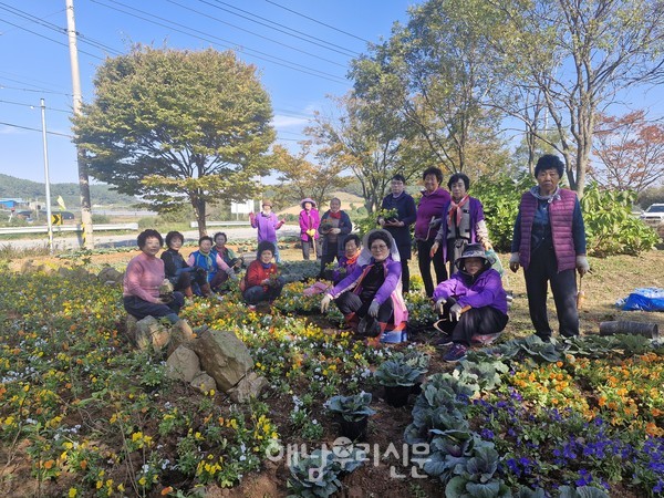 화산면 꽃메합창단 단원들이 화산면 석정리 꽃메 이끼정원 주변을 겨울꽃밭으로 가꾸고 있다.